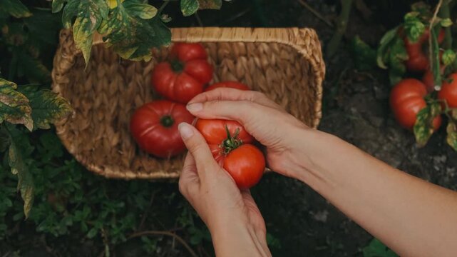 near top-down close-up of hands gently placing ripe red tomatoes into woven straw basket inside garden bed
