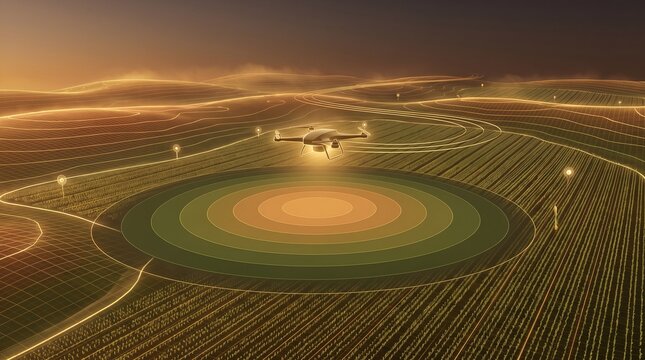 Precision agriculture dashboard with glowing amber green farmland elevation topography, crop monitoring drone, circular soil moisture heatmap and sensor node network, smart farming technology concept