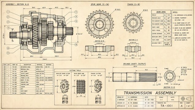 Technical drawing of vintage transmission assembly on aged paper featuring cross sections spur gears and mechanical component specifications for engineering.