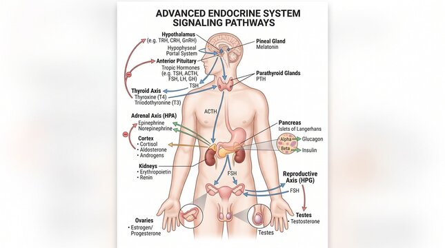 Endocrine system signaling pathways infographic showing human anatomy and hormone glands