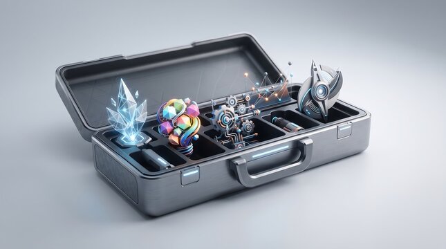Futuristic open toolbox containing glowing geometric abstract 3D shapes and tech objects