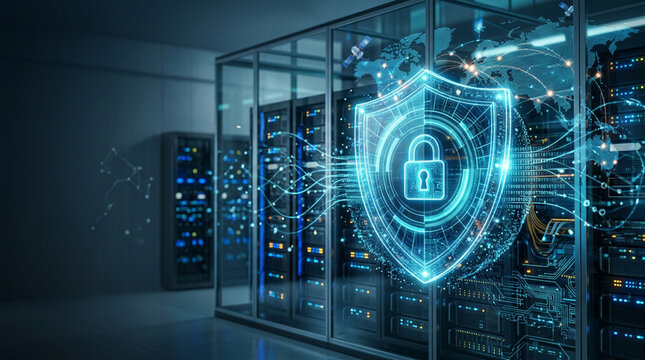 Secure Data Center Network With Holographic Shield And Lock Symbol Representing Cybersecurity Protection