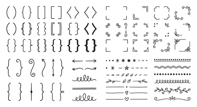 Set of hand drawn brackets braces frames and dividers sketch elements with typography elements vector set graphic elements line dividers curly braces square brackets design elements pen sketch