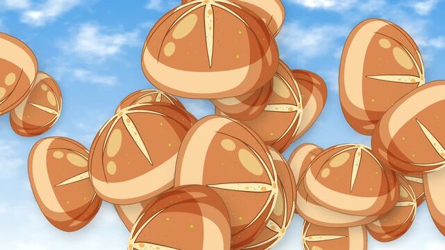 Animated Fresh Baked Bread Rolls Falling Through a Blue Sky