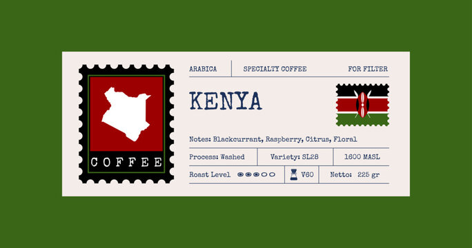 Kenya Specialty Coffee Packaging Label with Vintage African Stamp Design