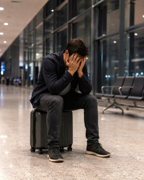 A distressed man sits hunched over a rolling suitcase in a modern waiting area, conveying passenger stress, exhaustion, and uncertainty during a disrupted journey.
