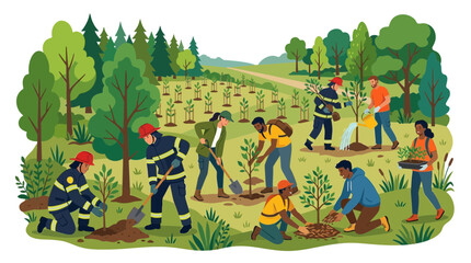 Obraz premium Volunteers planting trees in a lush green forest environment