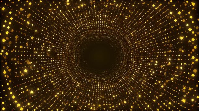 Golden particle tunnel with swirling light effects during a dark abstract journey