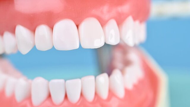 White beautiful straight tooth with correct bite on an artificial jaw