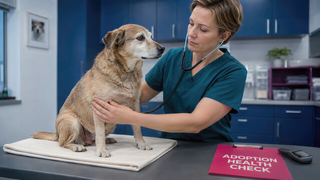 Veterinarian examining a mixed-breed dog during an adoption health check in a modern veterinary clinic with medical equipment and supplies visible in the background. World Animal Day.