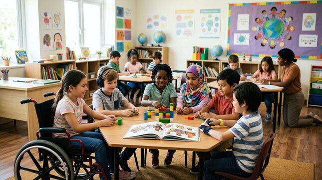 Diverse children playing with building blocks in a bright classroom. Inclusive education fostering friendship and mutual respect. World Childrens Day global youth unity and equality.