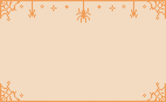 Cross stitch Halloween frame border template. Spooky embroidery folk art background. Digital ribbon design with spider. Cobweb trim layout, vintage autumn needlework decoration banner with copyspace.