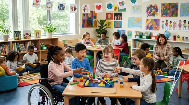 Diverse children playing with building blocks inside a bright classroom. Inclusive education fostering friendship and happiness among. World Childrens Day and equality in modern learning.