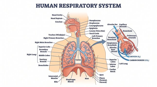 Human Respiratory System Anatomy Infographic Diagram with Lungs and Alveoli Detail