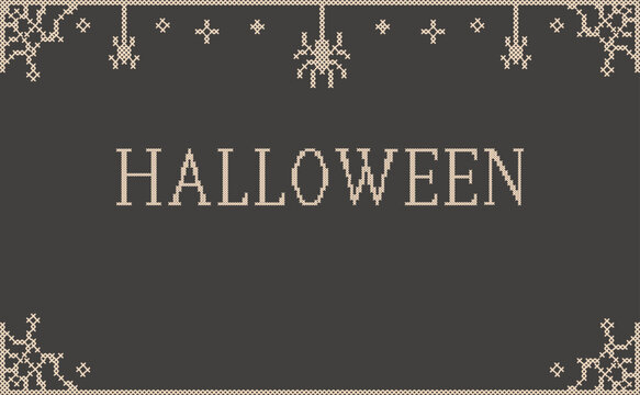 Cross stitch Halloween frame border template. Spooky embroidery folk art background. Digital ribbon design with spider. Cobweb trim layout, vintage autumn needlework decoration banner with text space.
