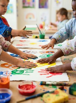 Multiethnic children making handprints on paper in a bright art classroom. Creative learning and joyful childhood expression together. World Childrens Day celebration and educational diversity.