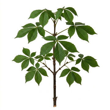 Young Buckeye Tree Sapling With Palmate Compound Green Leaves Isolated On White Solid Background, Native Aesculus Plant For Forestry, Landscaping, Or Botany, Growth Concept
