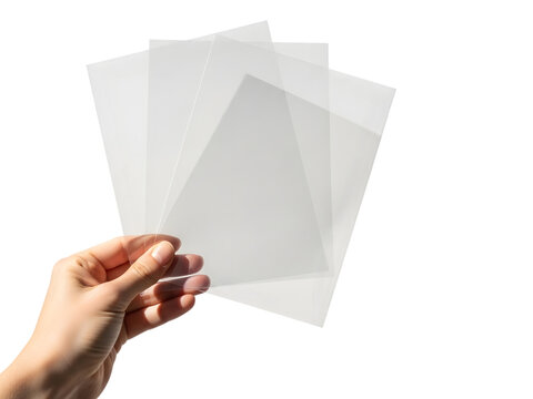 Hand holding a stack of thin clear plastic sheets against transparent background