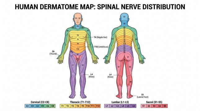 Human Dermatome Map Showing Spinal Nerve Distribution and Sensory Skin Areas
