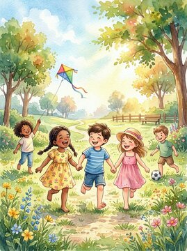 Diverse children running and playing together in a sunny park. Joyful friendship and childhood happiness outdoors. World Childrens Day celebration and youth unity concept.