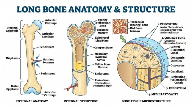 Medical Infographic of Human Long Bone Anatomy and Internal Microscopic Structure