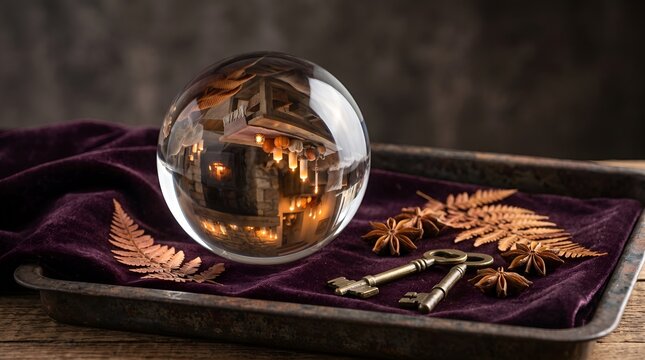 A clear crystal ball on a rich purple velvet cloth reflects a warm interior, surrounded by antique keys and metallic.
