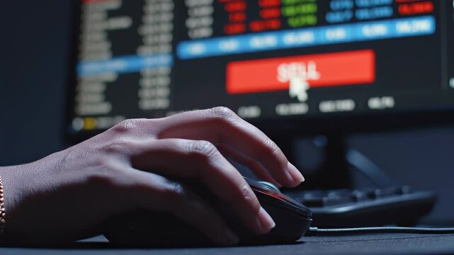 Cursor hovering close-up sell order view above trading platform, hand on mouse and red confirmation button for market crash response, broker decision, stop-loss action, and financial risk media