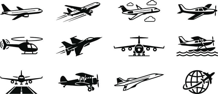 Set of Airplane and Aircraft Transport Icons Vector Collection with Airplane Silhouettes for Travel Aviation Flight Airport and Transportation Design atai alasda dau
