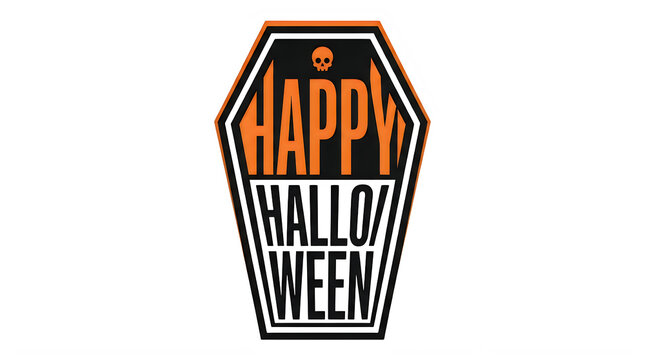 Transparent, Happy Halloween slogan inside coffin shape with orange and black colors. Vintage horror typography design element with skull icon for festive greeting card isolated PNG with
