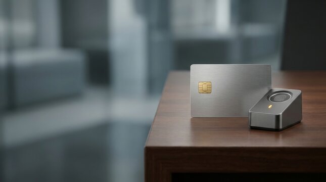 Sleek electronic payment terminal and credit card standing upright on office desk with pos machine