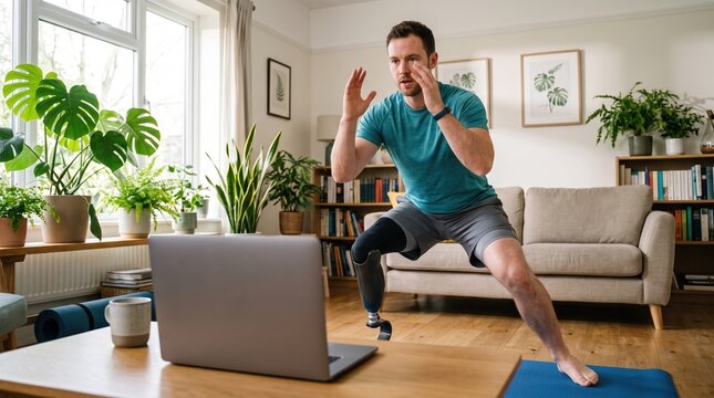 A caucasian man with a prosthetic leg smiles while doing a cardio workout at home, following an online fitness class on his laptop.