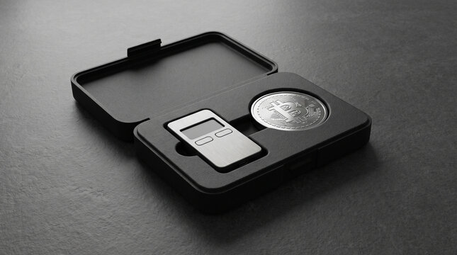 Silver bitcoin coin and crypto hardware wallet in black presentation case for secure digital currency storage.