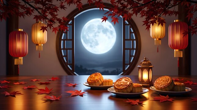 Mid Autumn Festival Mooncakes on Table with Moon Gate Window and Maple Leaves at Night