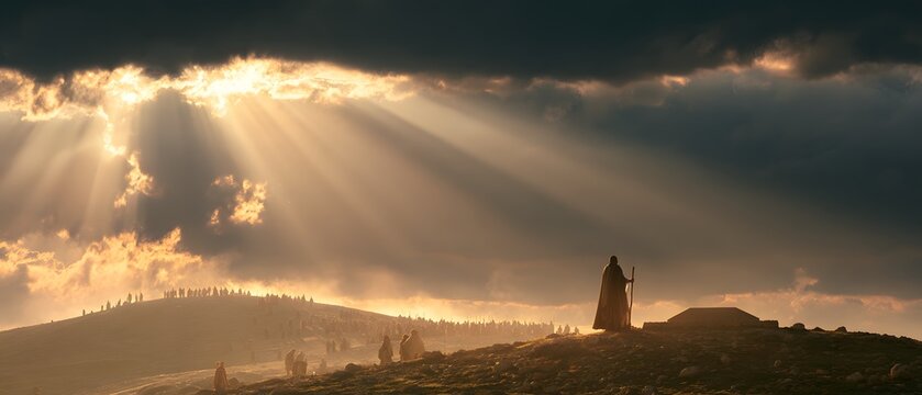 Silhouette of a lone traveler standing on a rocky hill under dramatic sunbeams breaking through dark storm clouds