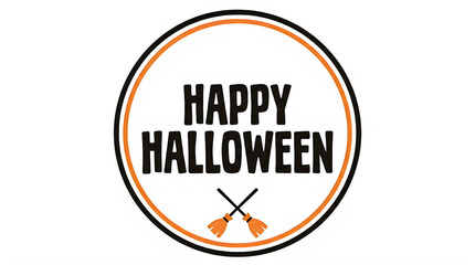 Fototapeta premium Transparent, Happy Halloween vector label with crossed broomsticks, circular badge emblem design, orange and black witch magic icon for seasonal party invitations, festival stamps