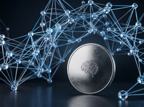 Silver coin with brain icon symbolizing artificial intelligence technology and decentralized networks with glowing abstract data structure.