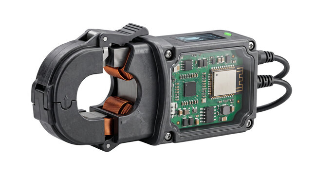 Digital clamp meter with exposed circuit board, professional current sensor for electrical testing, industrial power monitoring tool
