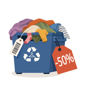 Blue recycling bin filled with second-hand clothes, featuring discount tag and price label, sustainable fashion, textile recycling, eco-friendly shopping,and affordable apparel waste management,vector