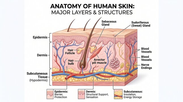 Anatomy of human skin layers and structures medical infographic cross section diagram.