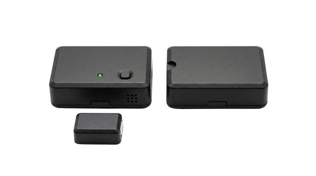Wireless microphone system for video production, black lavalier transmitter and receiver set, portable audio recording gear