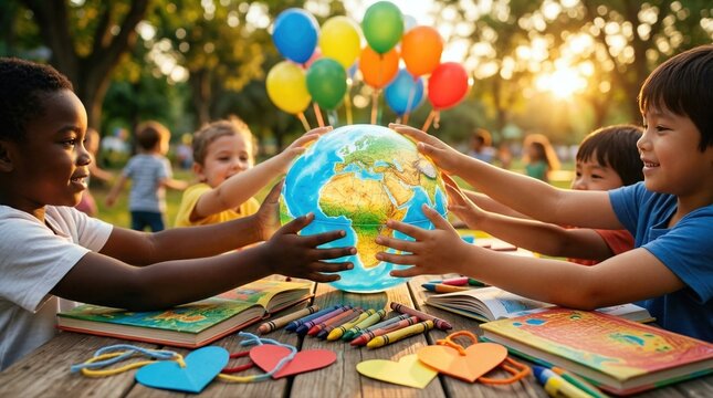 Multiethnic children holding a glowing globe on a wooden table outdoors. Diverse kids sharing joyful unity and learning friendship. World Childrens Day global community education concept.