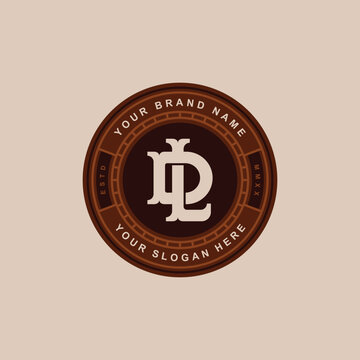 Vintage circular monogram logo template featuring letters D and L in a classic brown frame