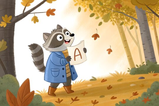 Cartoon raccoon character holding alphabet letter A in autumn forest