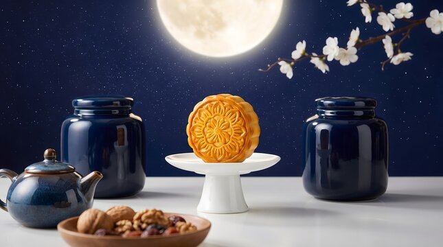 Mid Autumn Festival Mooncake on Stand with Tea Set and Nuts Under Full Moon