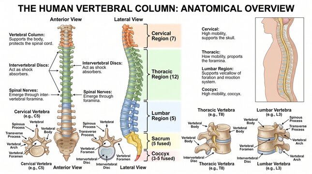 Human vertebral column anatomical chart showing spinal regions and vertebrae structure
