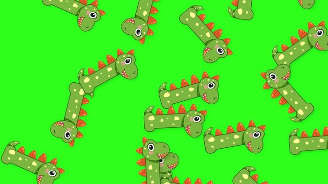 Cartoon Dinosaur Characters Falling Against a Bright Green Background