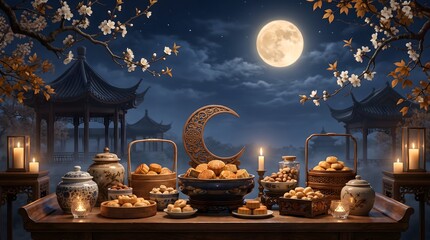 Obraz premium Mid Autumn Festival Table with Mooncakes Lanterns and Pavilion Under Full Moon at Night