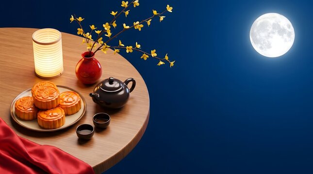 Mid Autumn Festival Mooncakes with Tea and Lantern on Wooden Table Under Full Moon