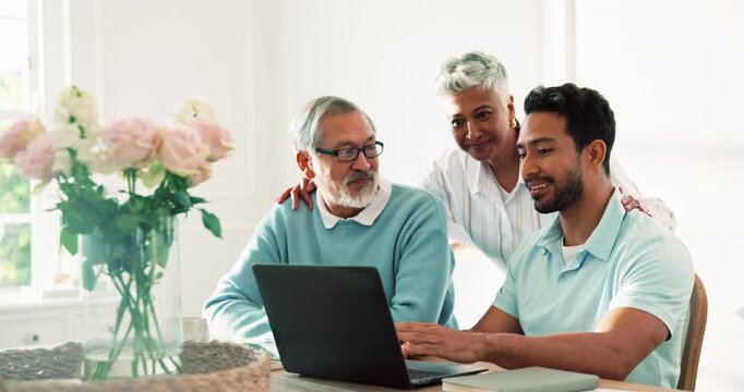 Happy, family and reading in home with laptop, online banking and payout statement of retirement. Adult son, old parents or talking at house with pc, finance records and person application for rebate
