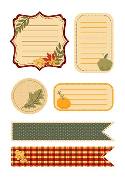 Vintage autumn label frames and tags with oak leaves and pumpkins for fall themed design decoration
